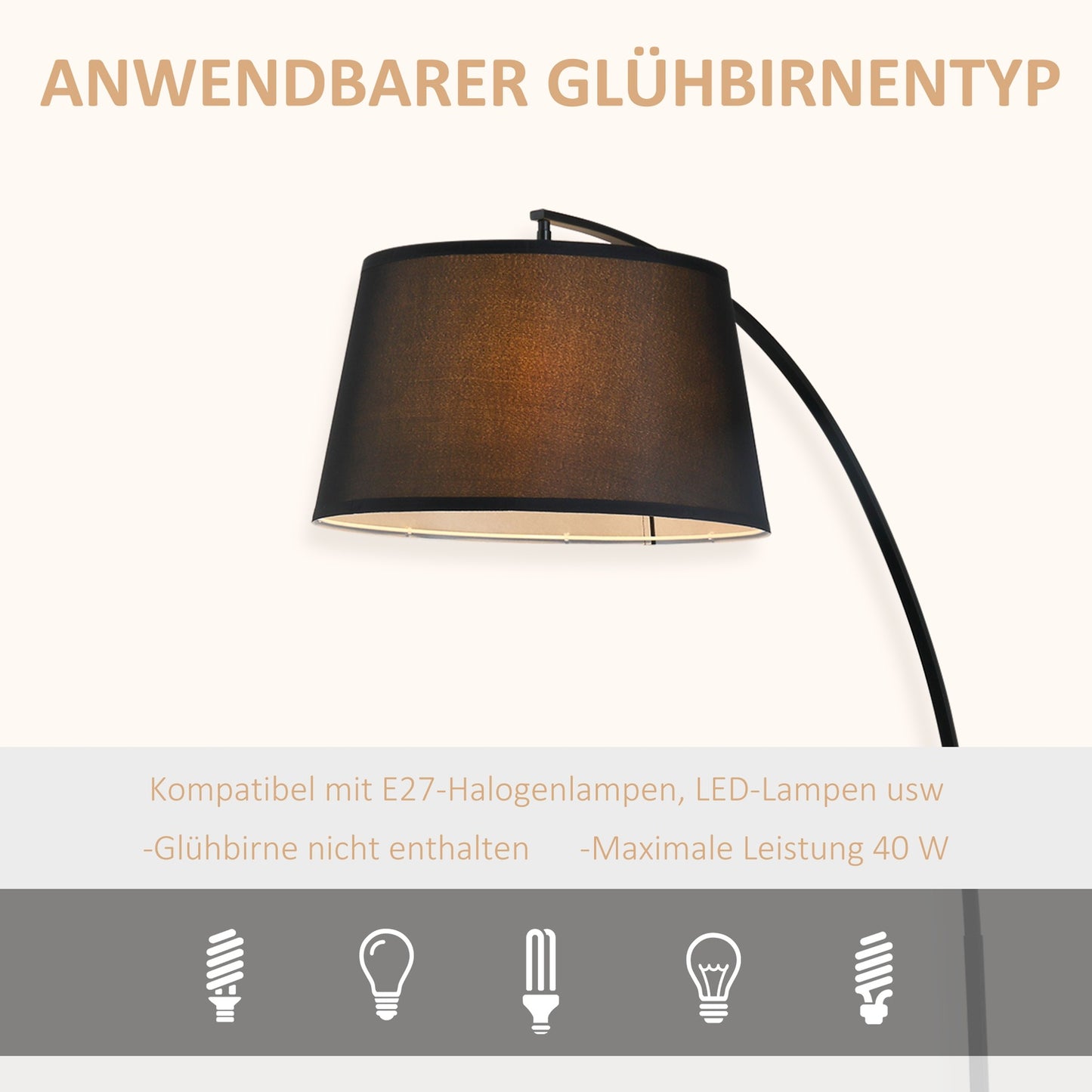 Modern metal arc floor lamp with black linen shade