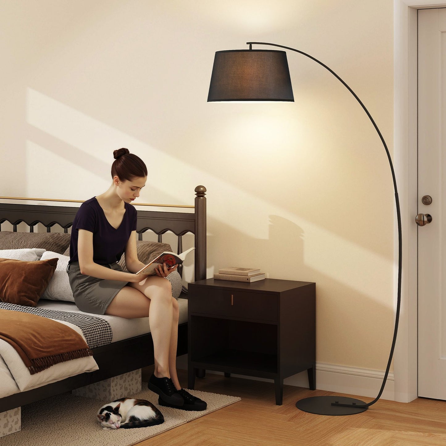 Modern metal arc floor lamp with black linen shade