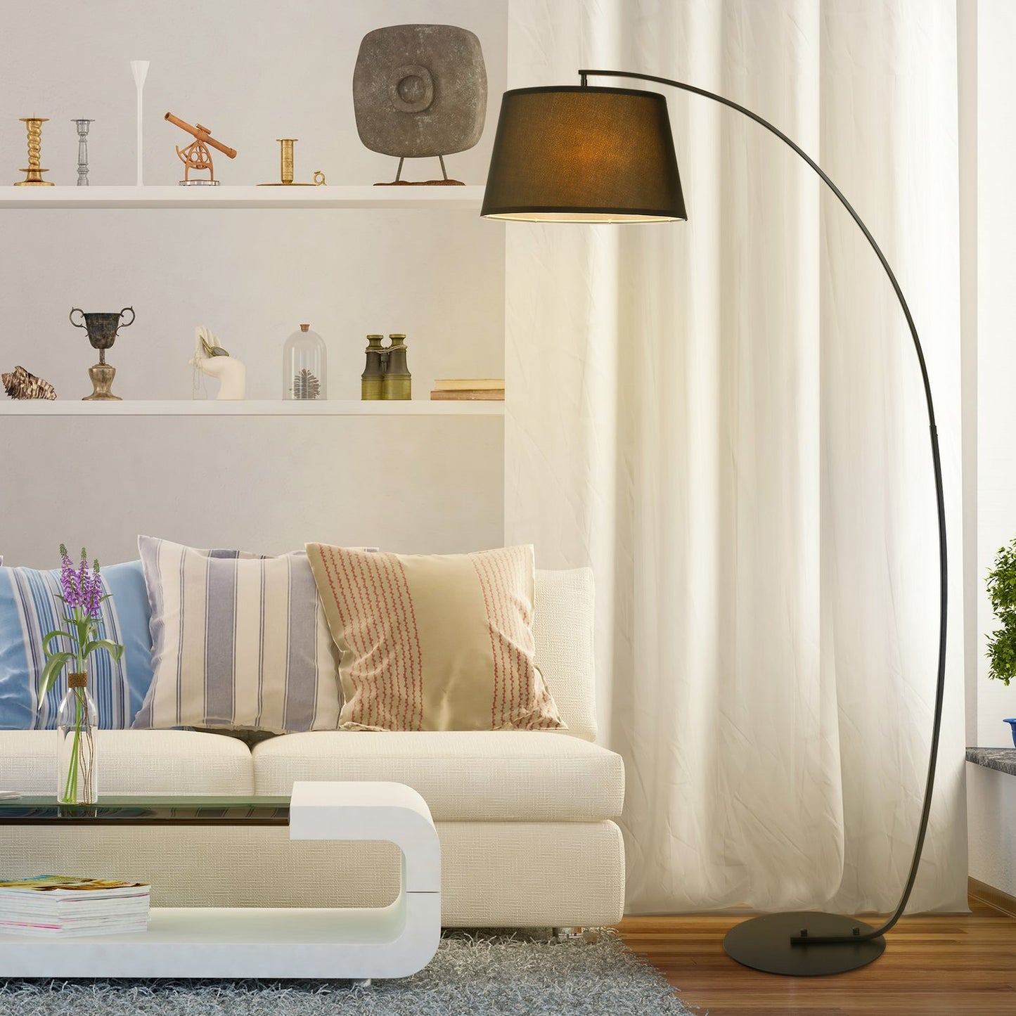 Modern metal arc floor lamp with black linen shade
