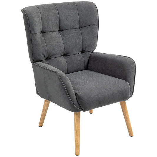 Gray velvet armchair with wooden legs for living room
