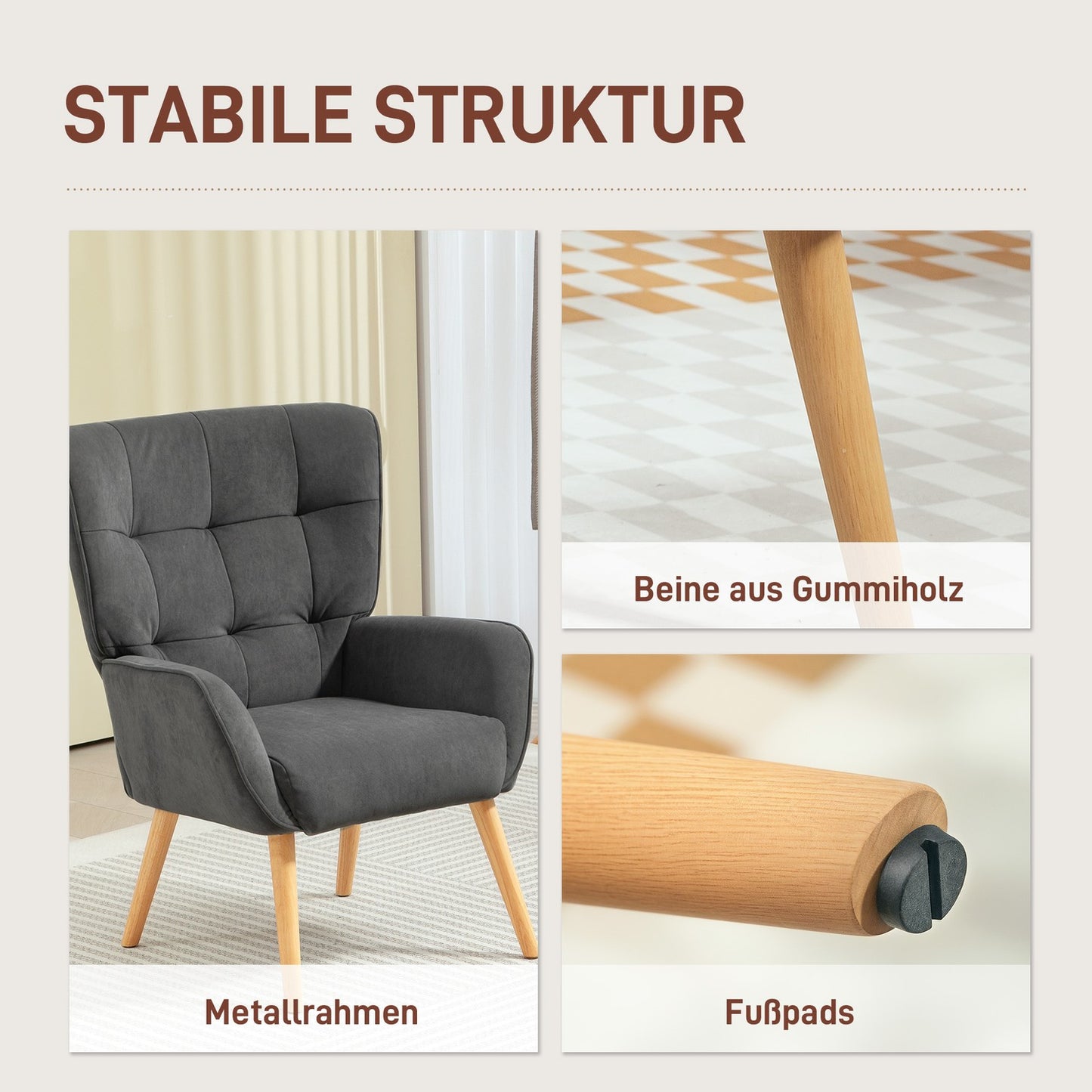 Gray velvet armchair with wooden legs for living room