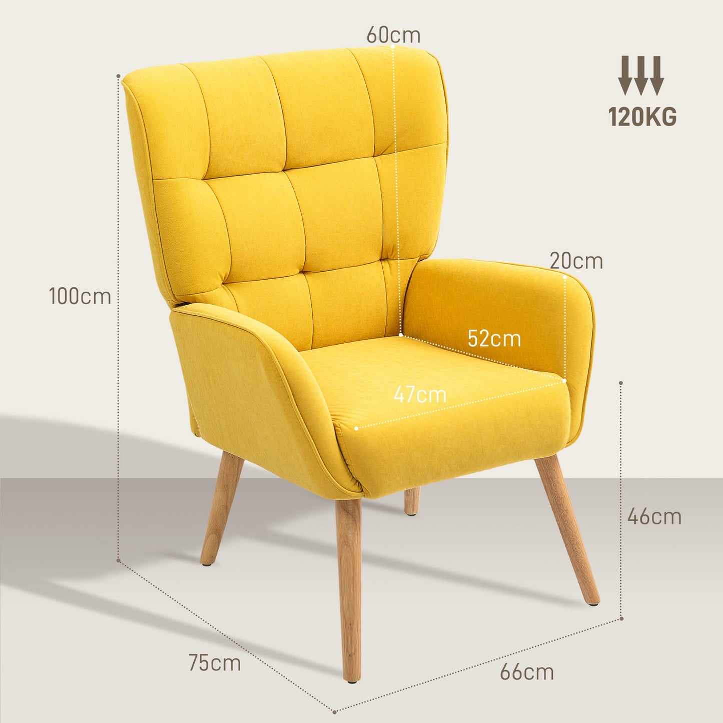 Yellow velvet chair for living room - wooden legs, upholstered