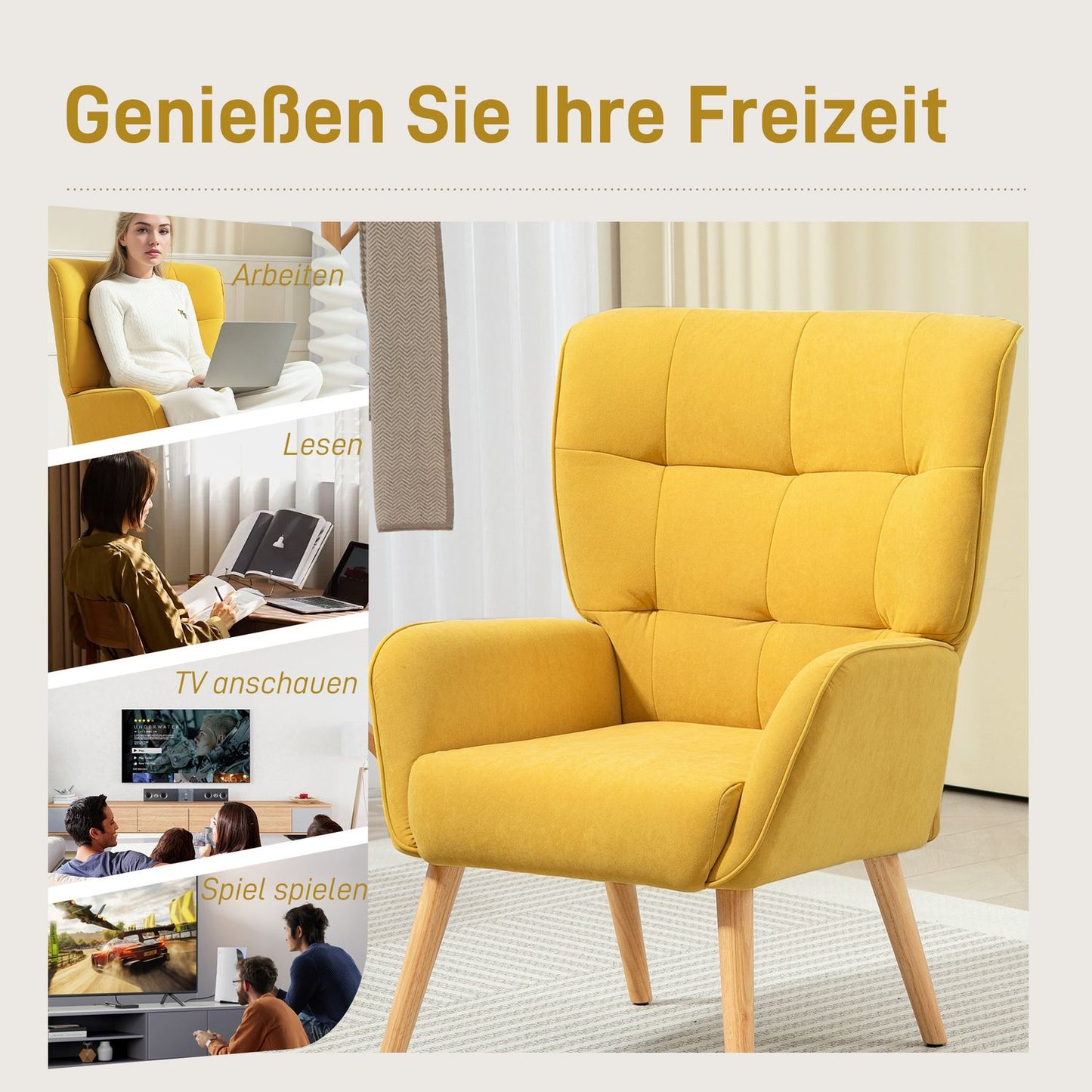 Yellow velvet chair for living room - wooden legs, upholstered