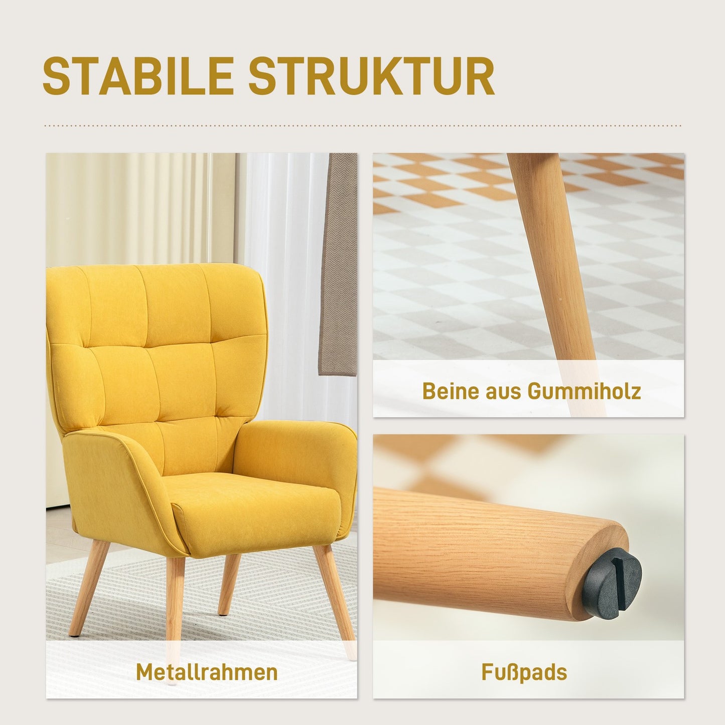 Yellow velvet chair for living room - wooden legs, upholstered