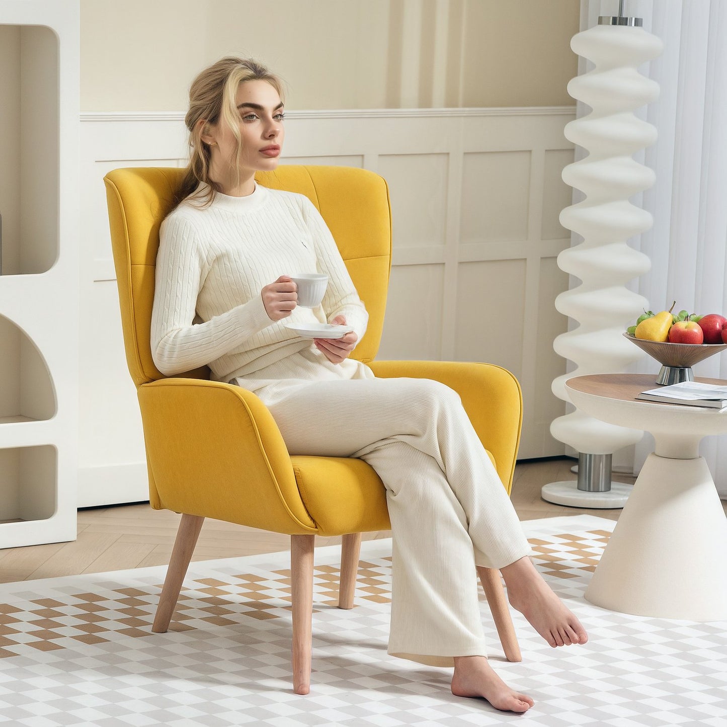 Yellow velvet chair for living room - wooden legs, upholstered