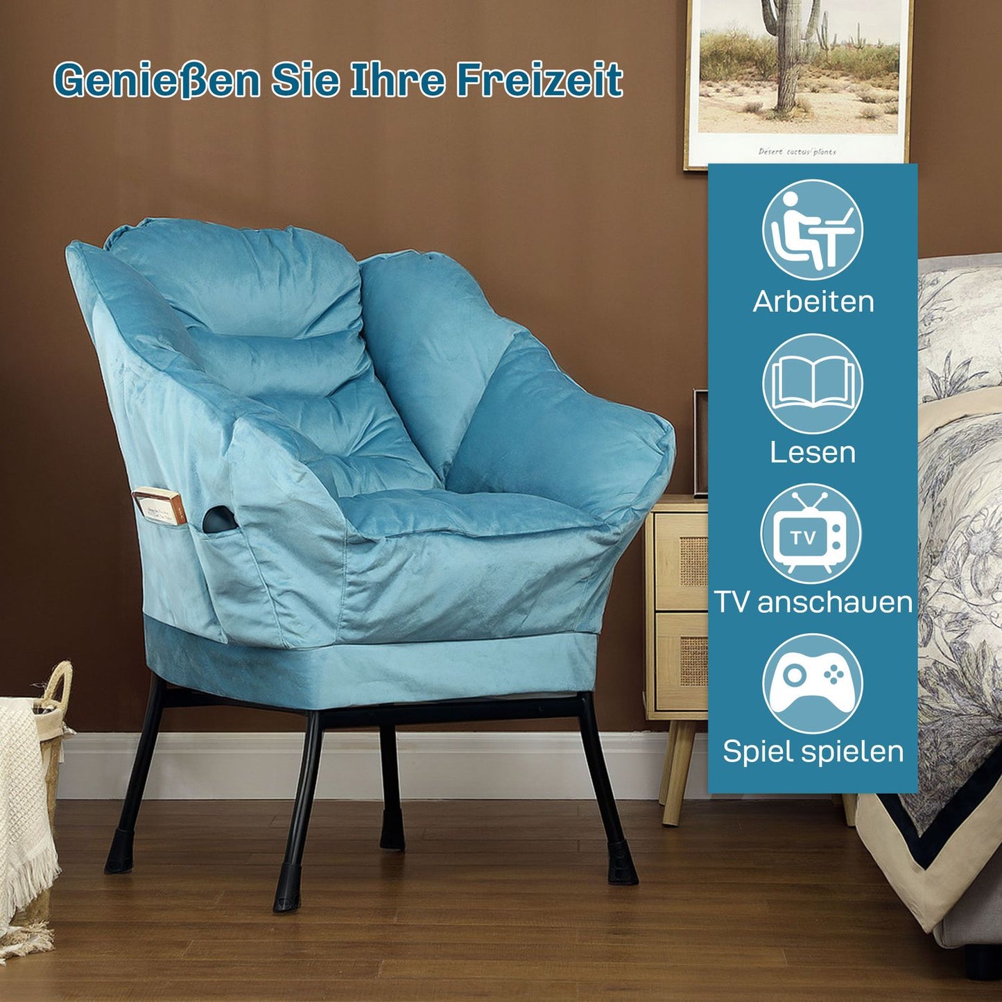 Velvet Lounge Chair, Upholstered with Side Pocket - Blue