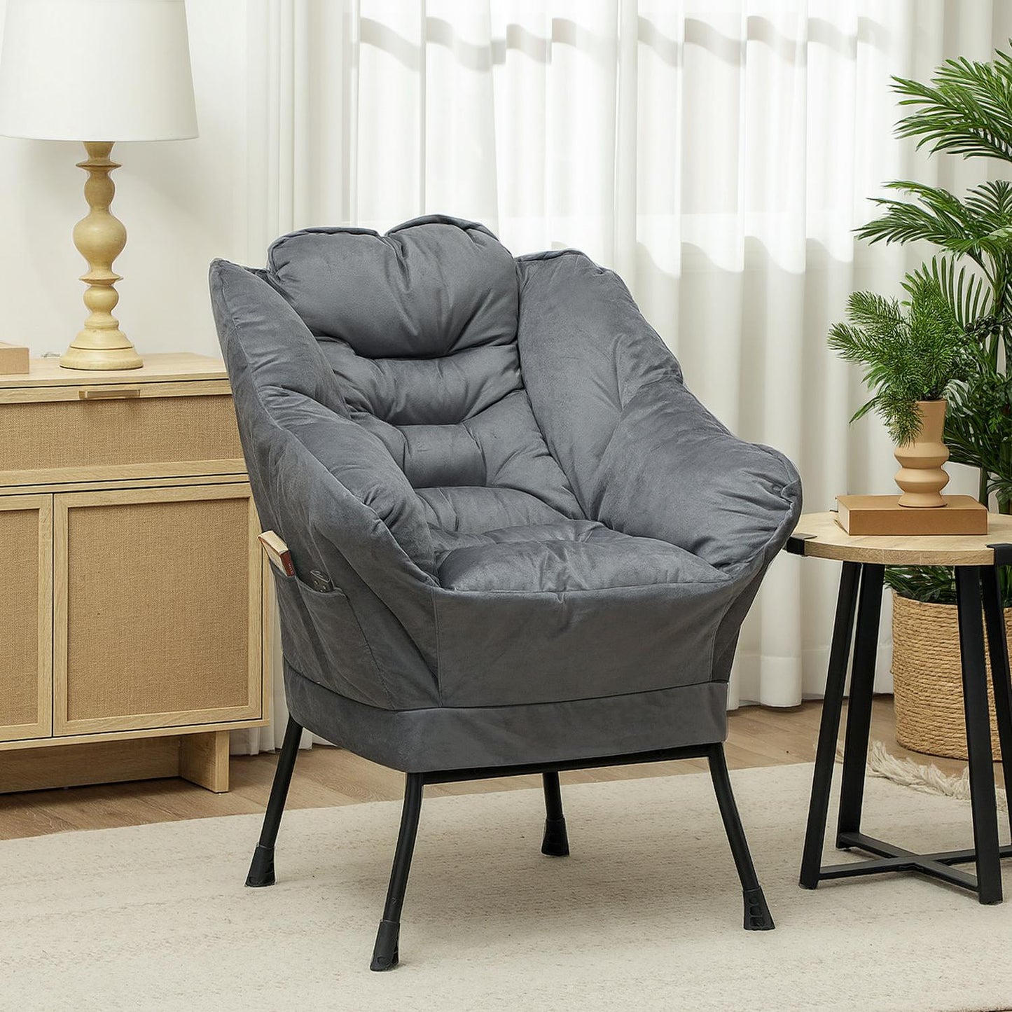 Gray Velvet Lounge Chair with side pocket and steel legs