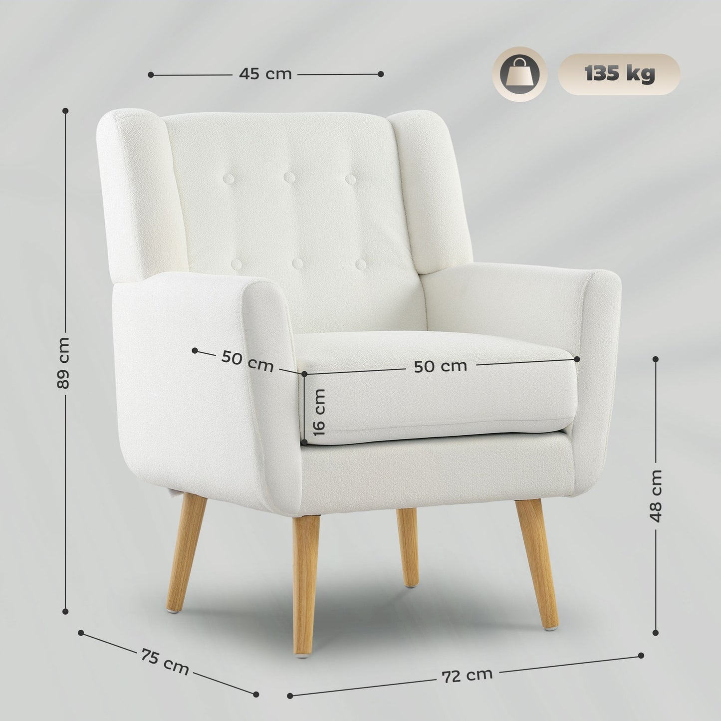 Living room wing chair - tufted, padded, white upholstery