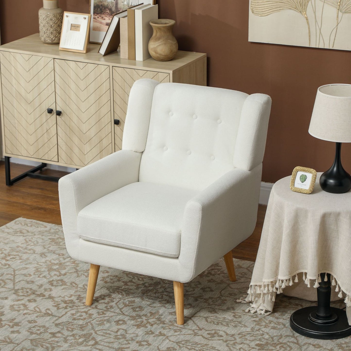 Living room wing chair - tufted, padded, white upholstery