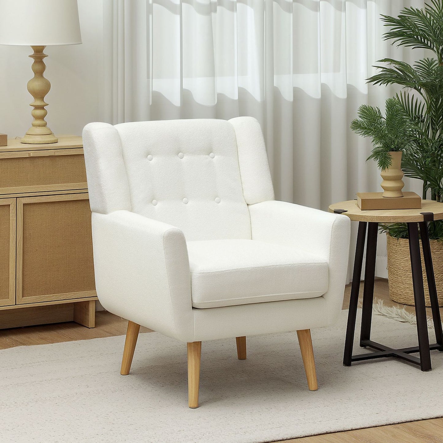 Living room wing chair - tufted, padded, white upholstery