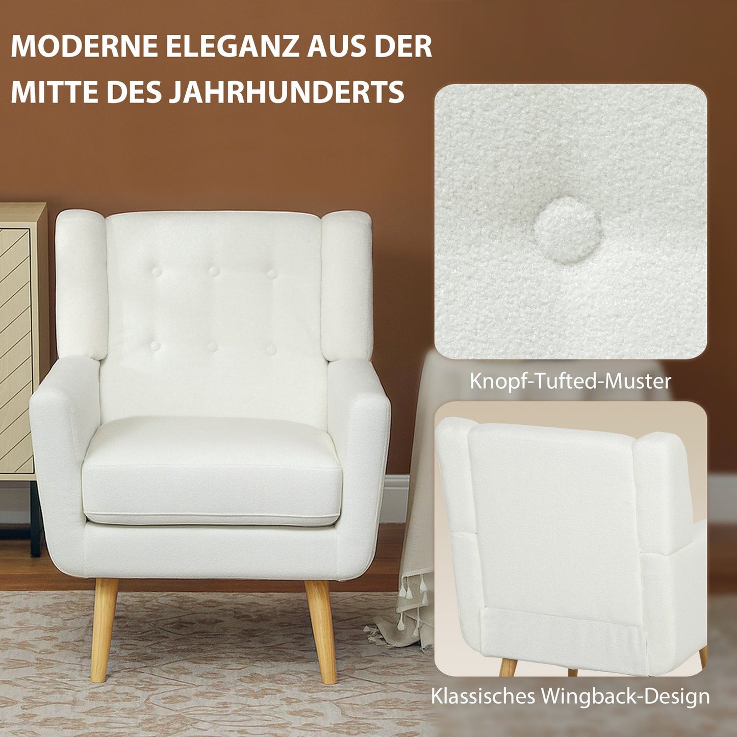 Living room wing chair - tufted, padded, white upholstery