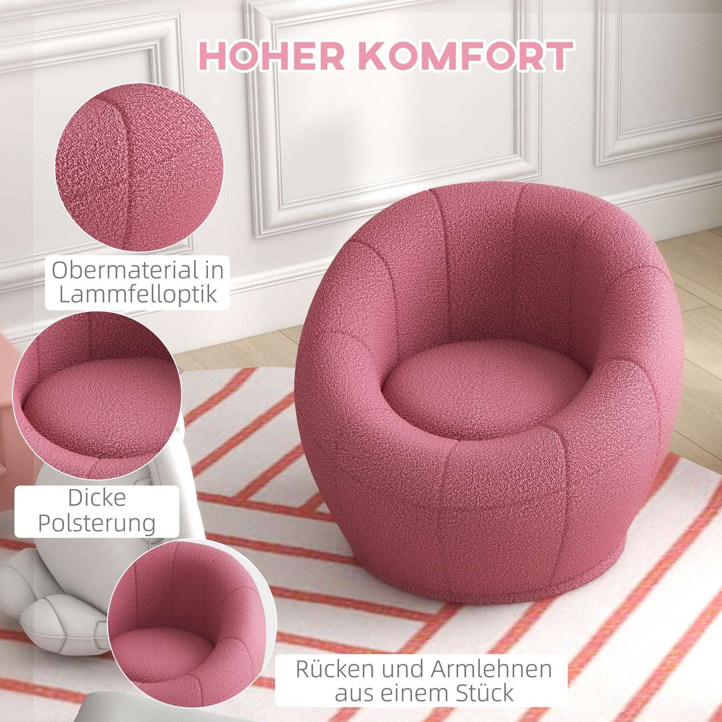 Rotatable pink plush lounge chair, 120 kg capacity