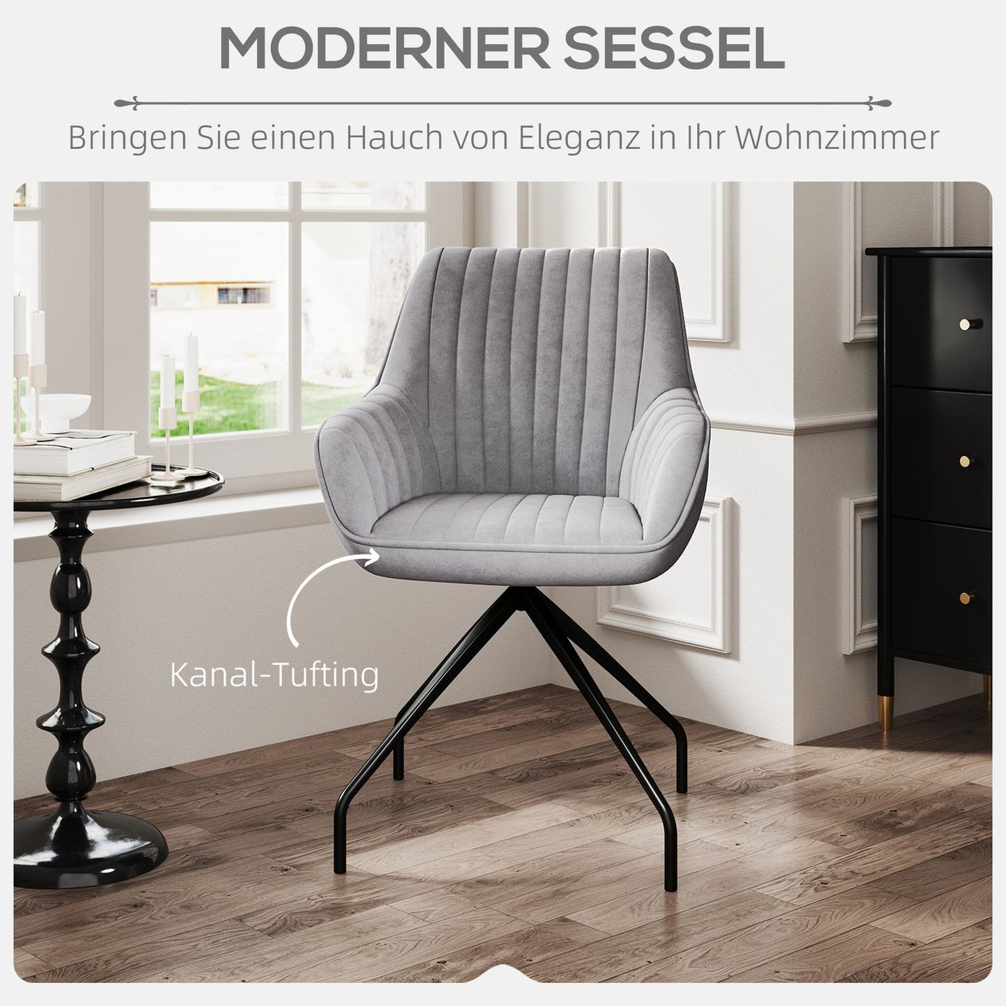Swivel Velvet Armchair with metal legs, dark grey