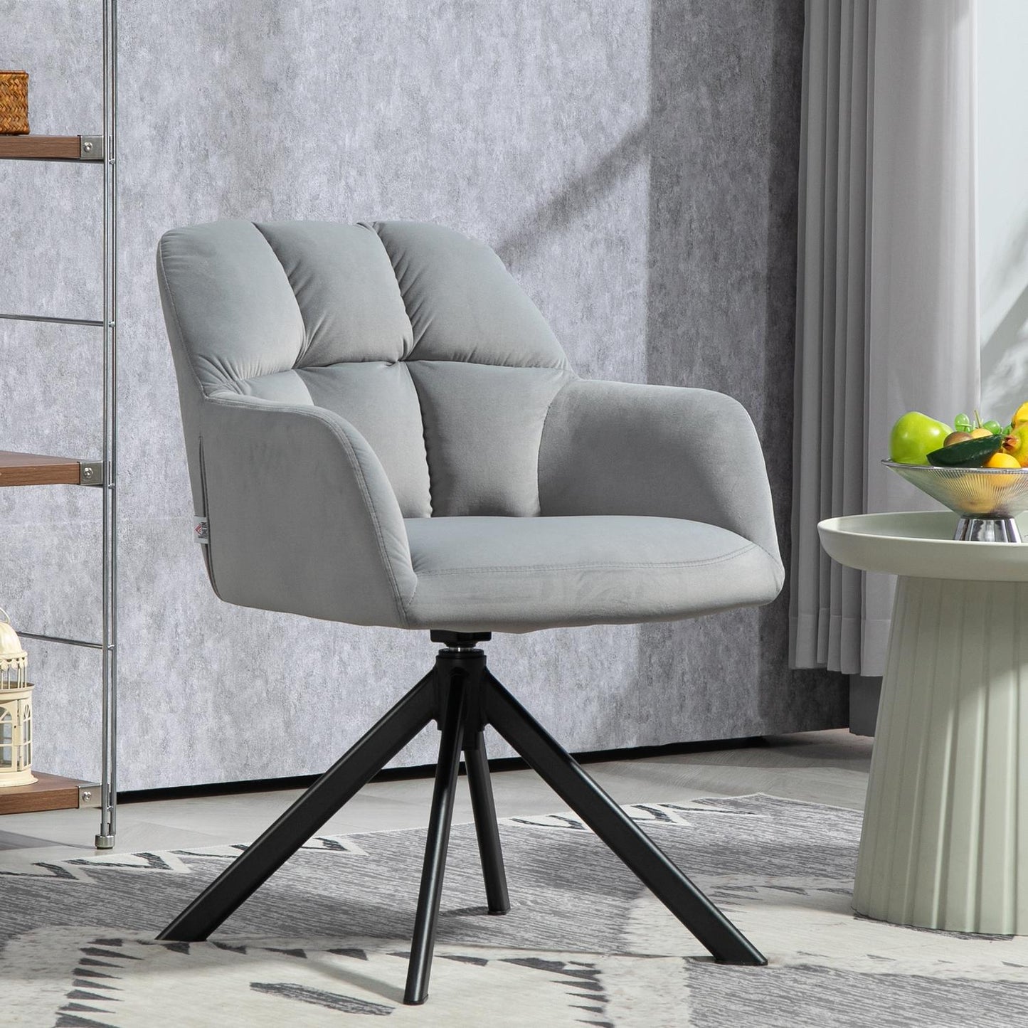Gray swivel armchair, velvet fabric, metal legs, living room