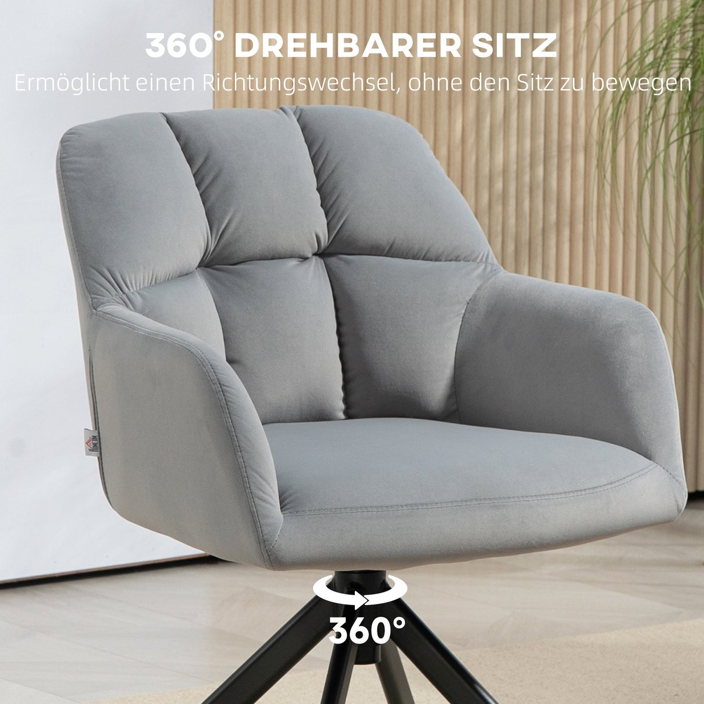 Gray swivel armchair, velvet fabric, metal legs, living room
