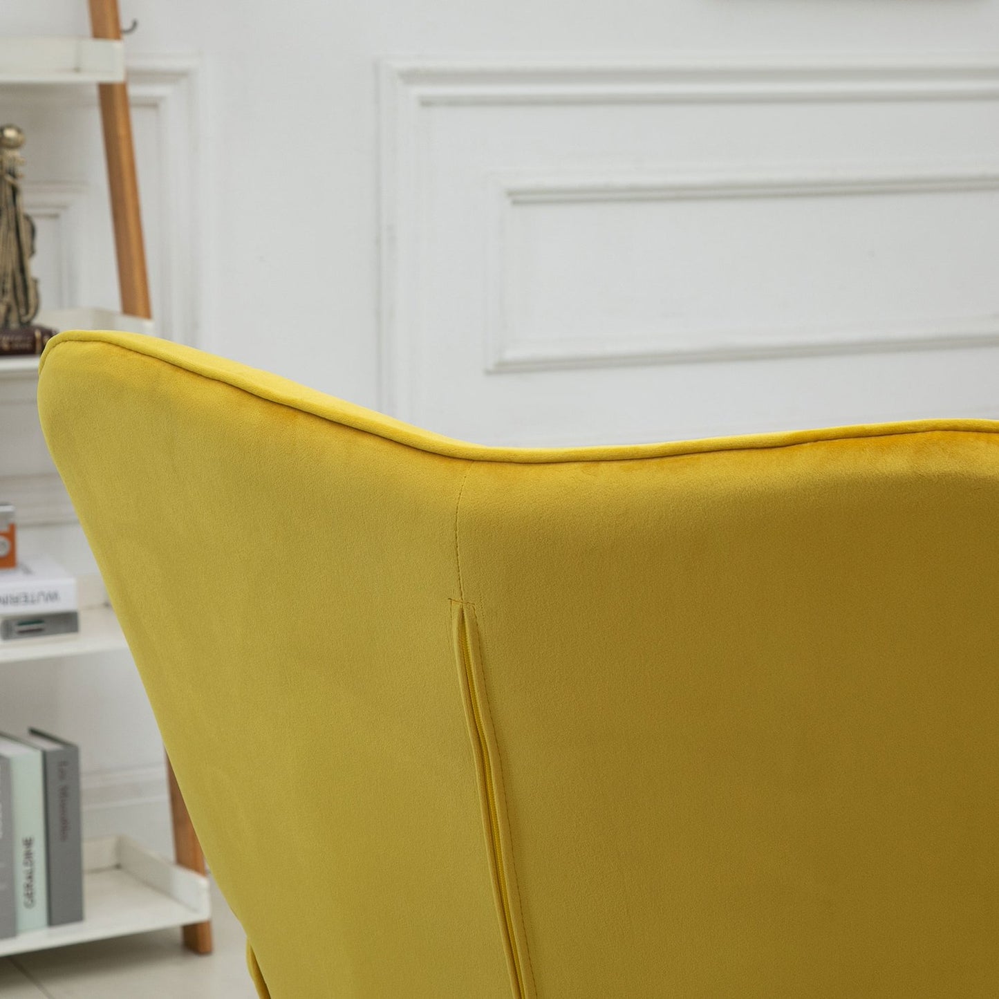 Yellow velvet armchair with armrests - Padded lounge chair in wood