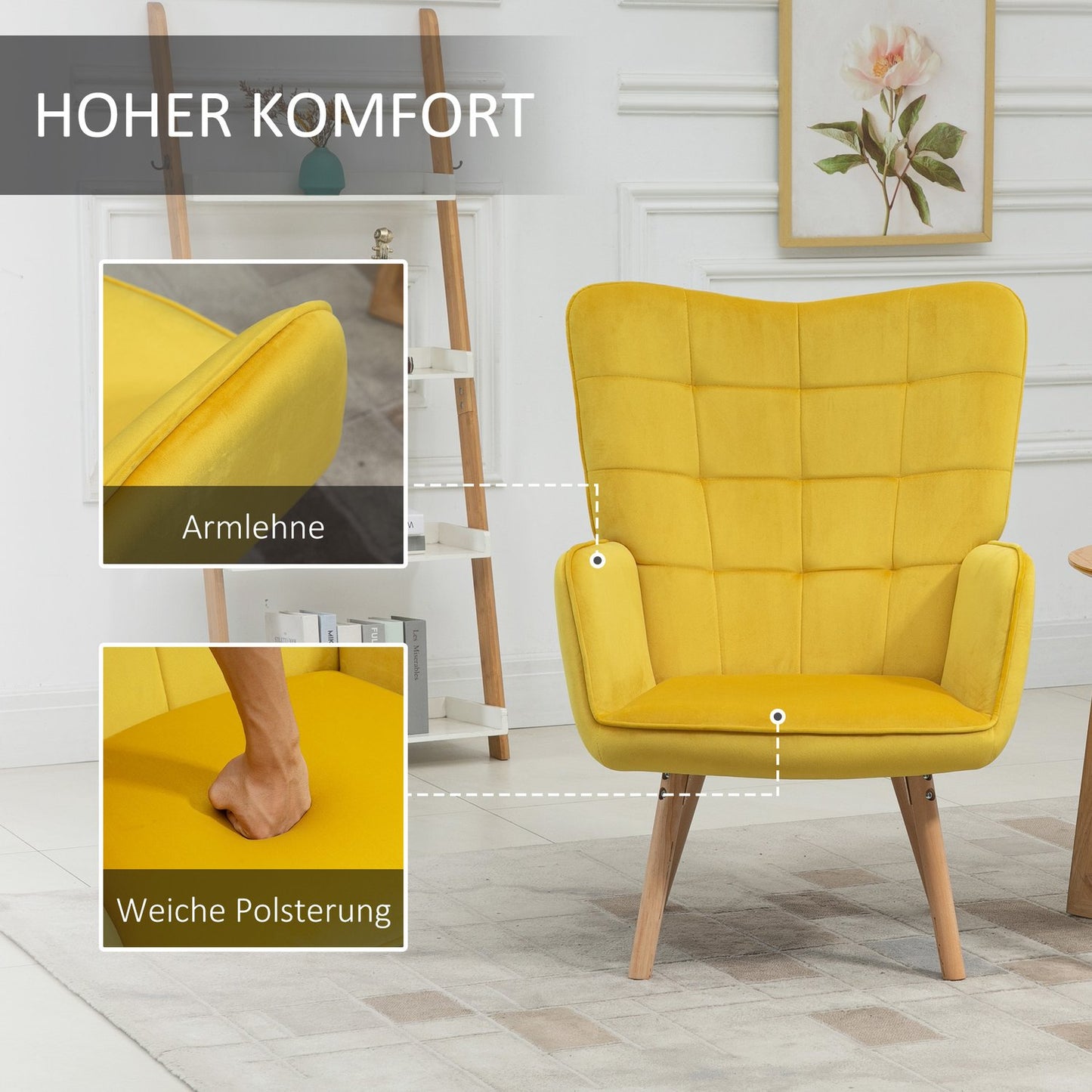 Yellow velvet armchair with armrests - Padded lounge chair in wood