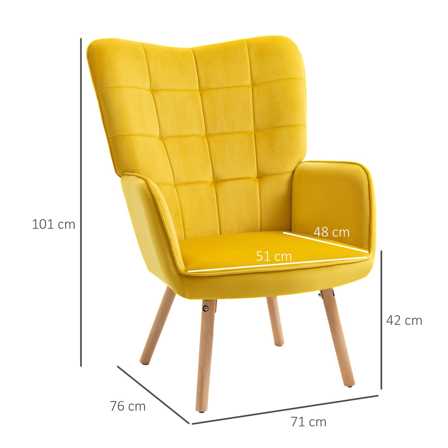 Yellow velvet armchair with armrests - Padded lounge chair in wood