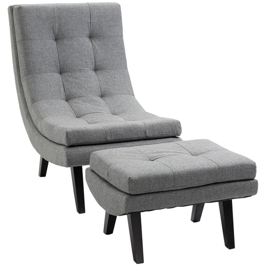 Gray chaise longue in linen with footstool - rubberwood legs