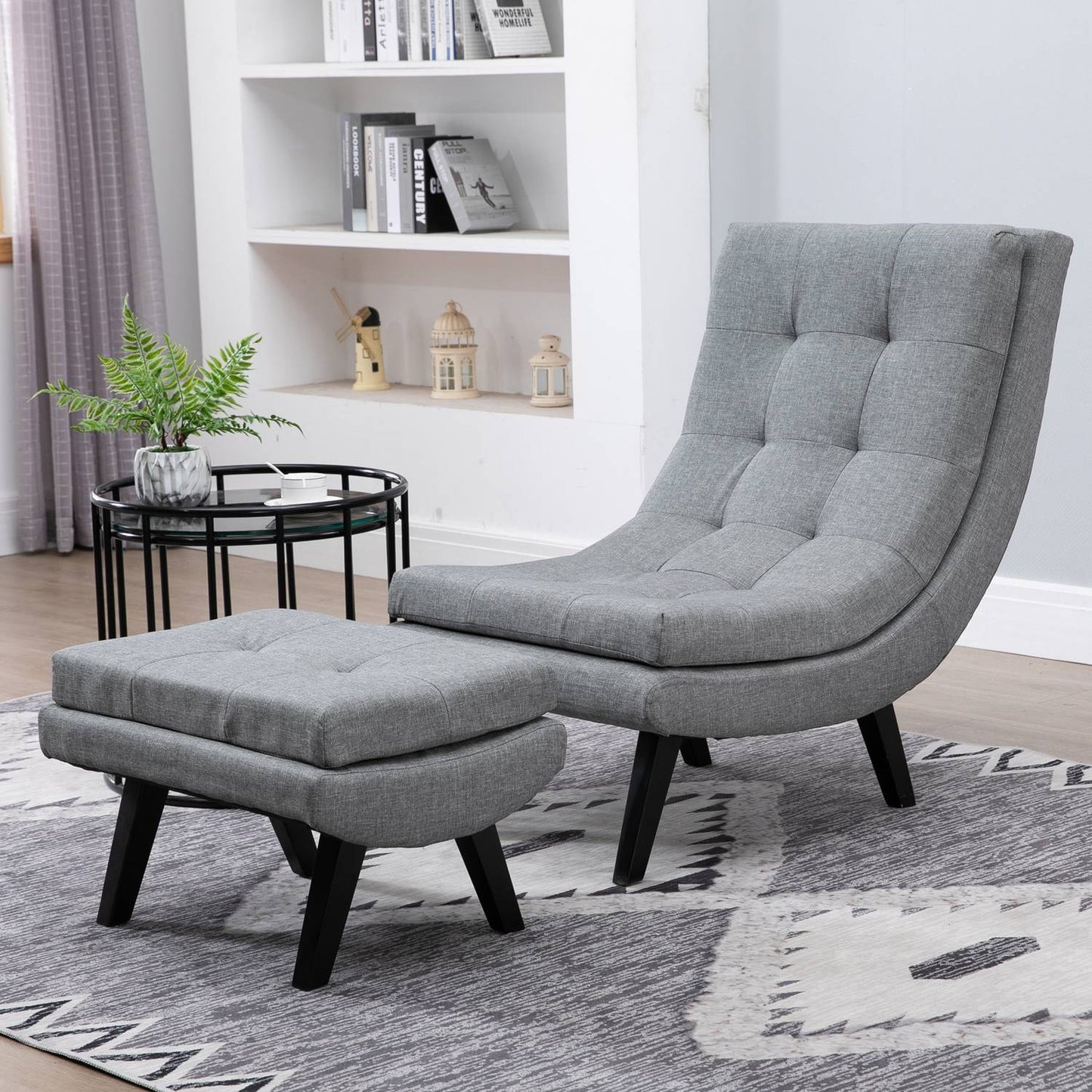 Gray chaise longue in linen with footstool - rubberwood legs