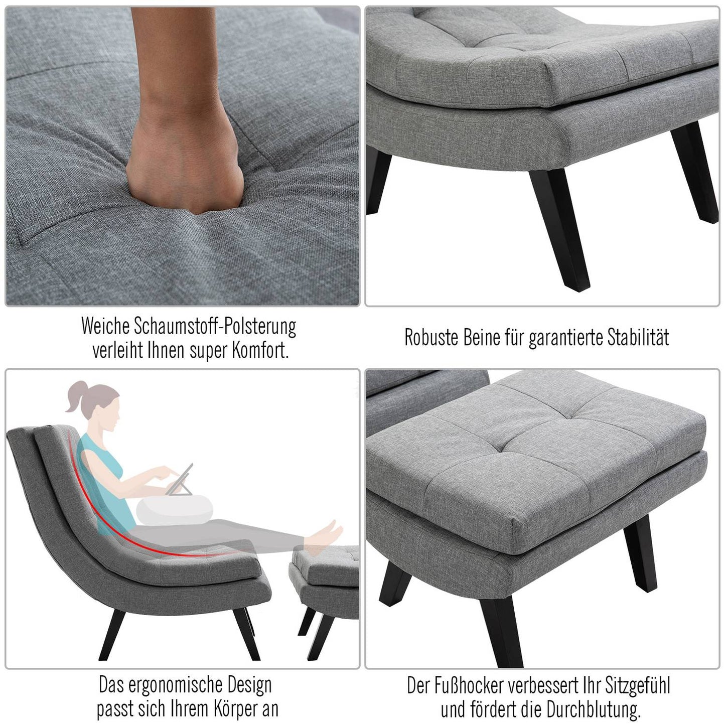 Gray chaise longue in linen with footstool - rubberwood legs