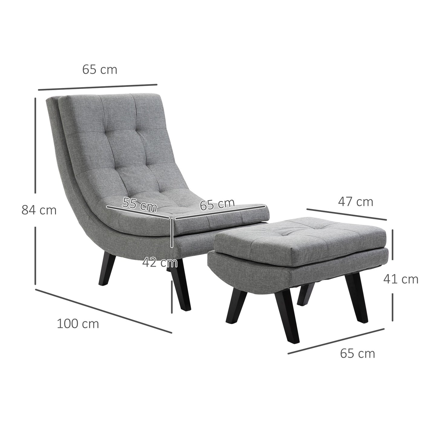 Gray chaise longue in linen with footstool - rubberwood legs
