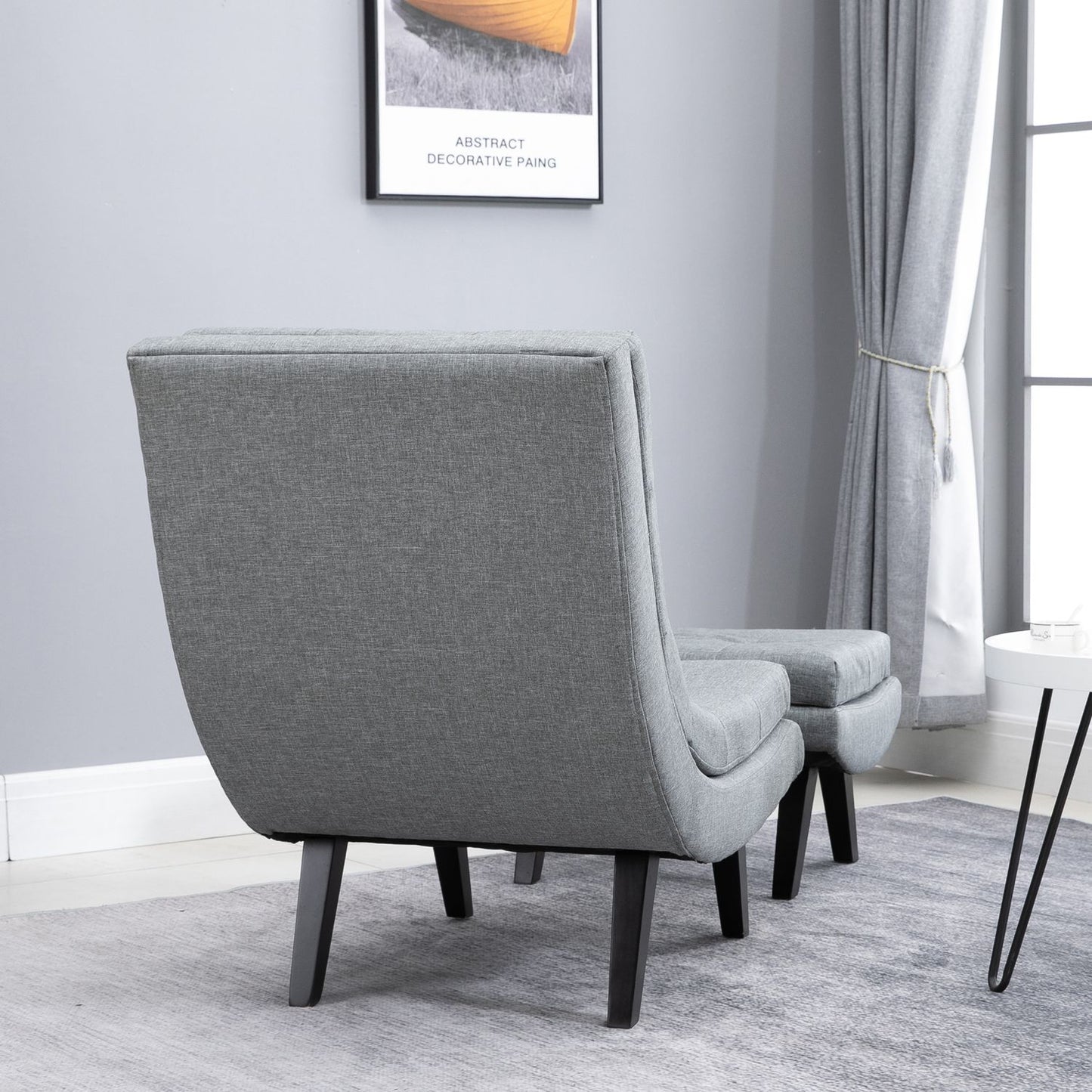 Gray chaise longue in linen with footstool - rubberwood legs