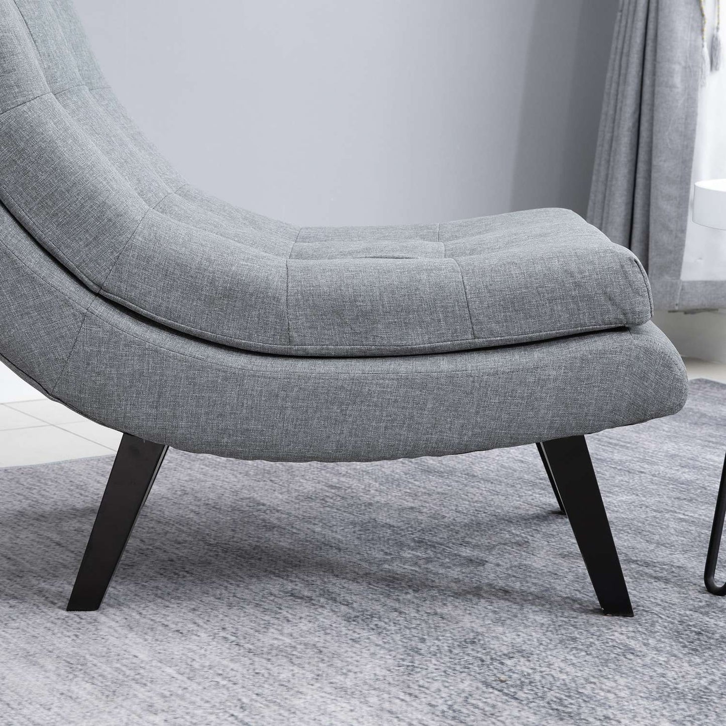 Gray chaise longue in linen with footstool - rubberwood legs