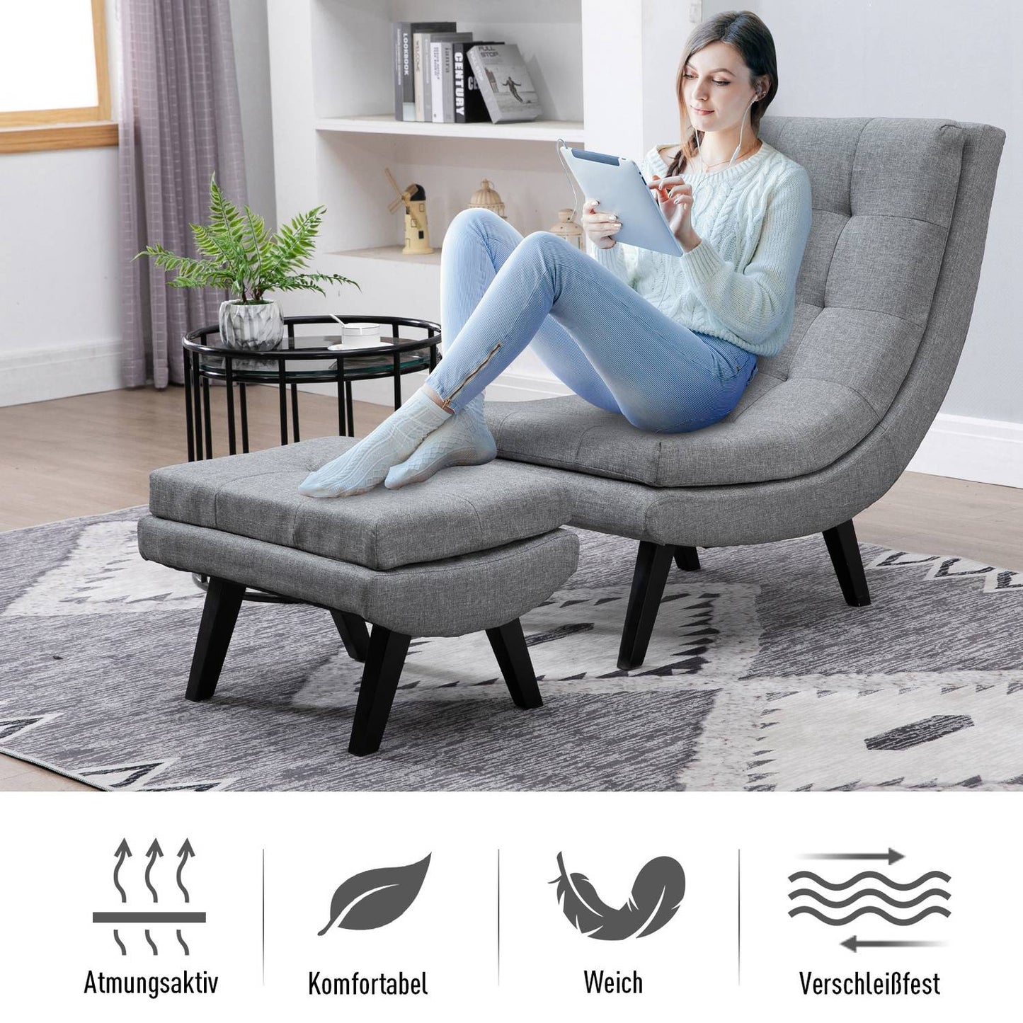 Gray chaise longue in linen with footstool - rubberwood legs