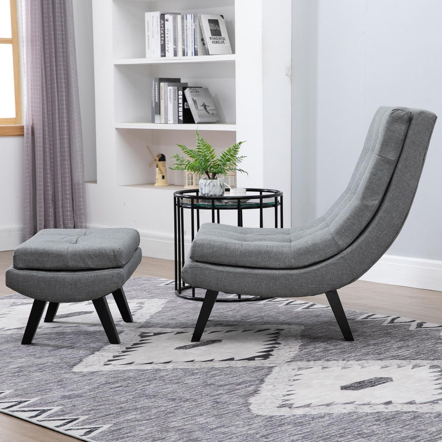 Gray chaise longue in linen with footstool - rubberwood legs