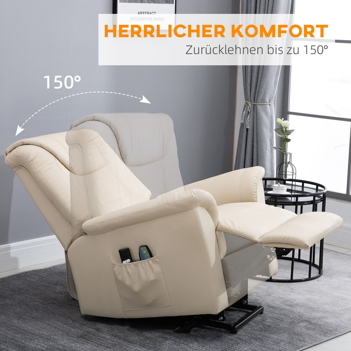 Electric recliner with heating, adjustable and cream colored artificial leather