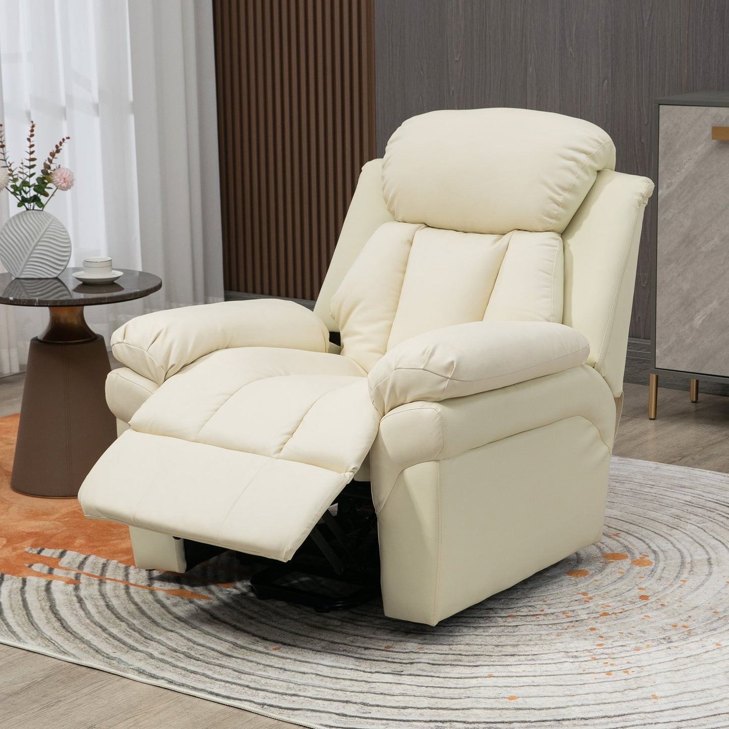 Electric recliner with standing aid, cream-colored artificial leather