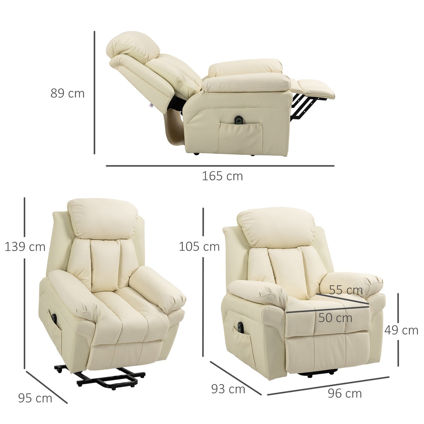 Electric recliner with standing aid, cream-colored artificial leather