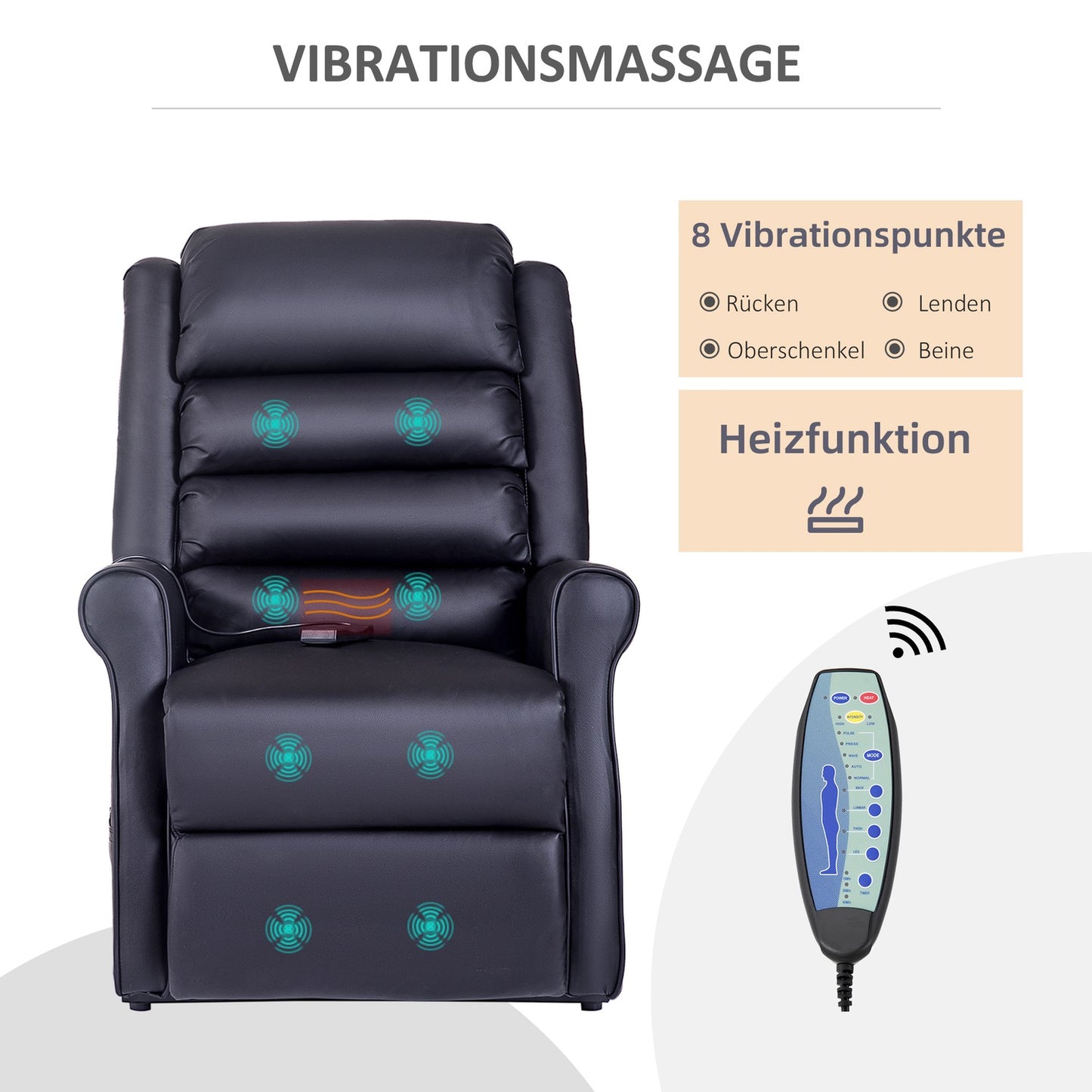 Reclining massage chair with standing aid and USB port