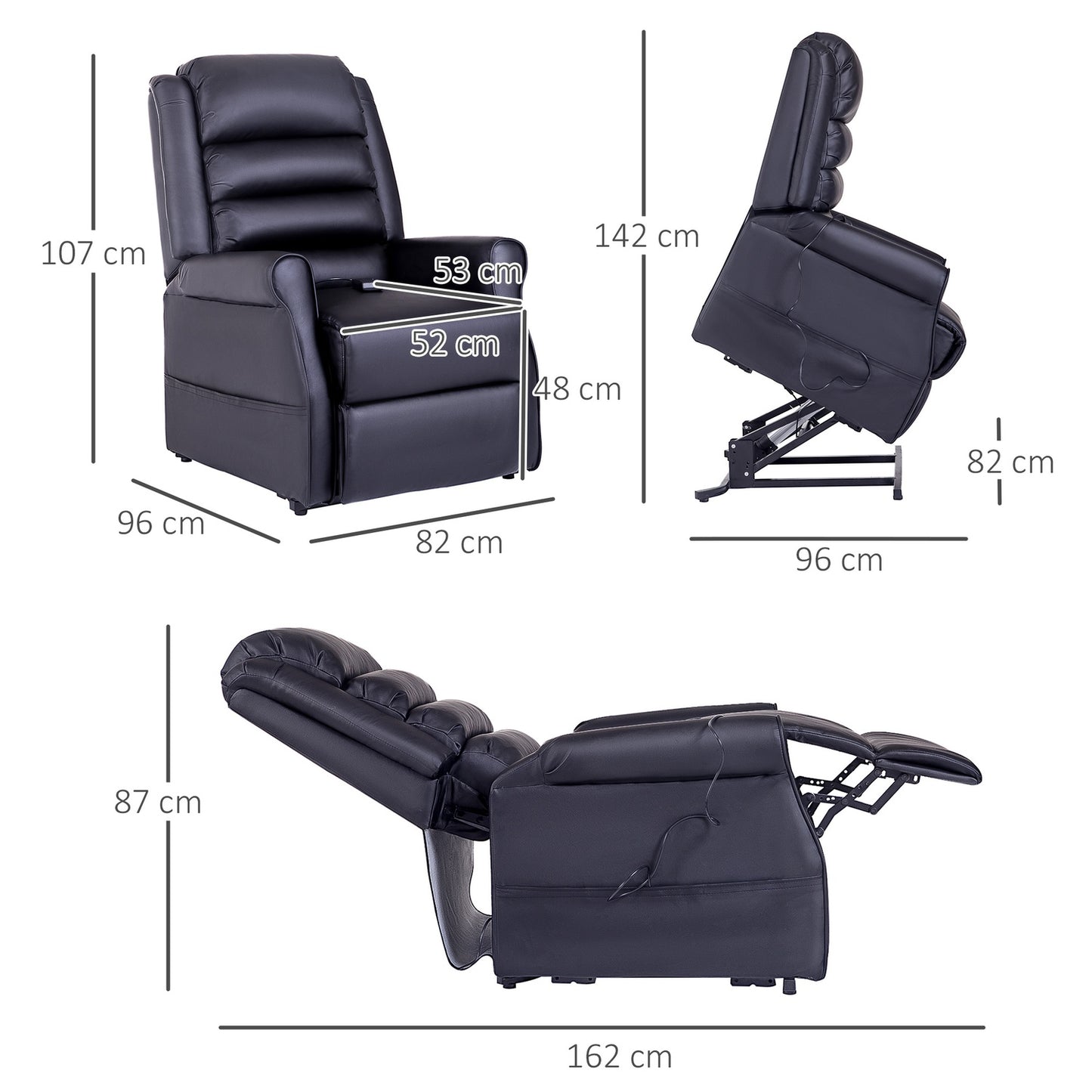 Reclining massage chair with standing aid and USB port