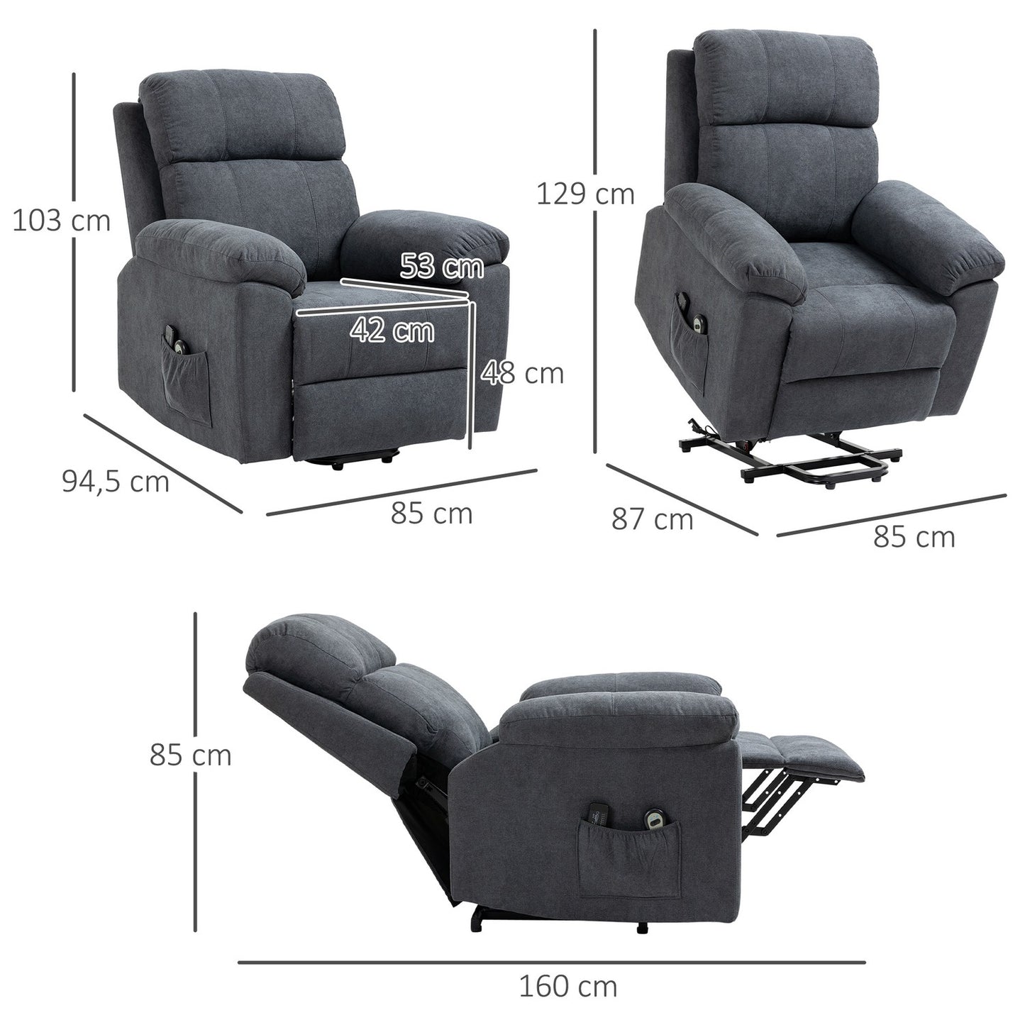 Reclining massage chair with standing aid, grey