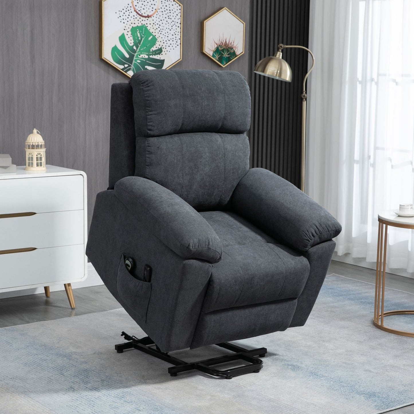 Reclining massage chair with standing aid, grey