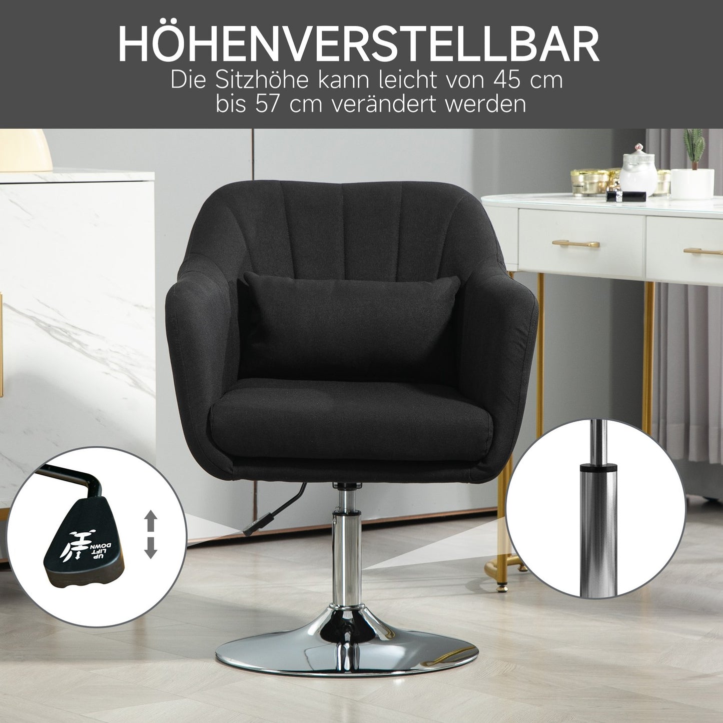 Adjustable black lounge chair - metal frame, armrests, cushion