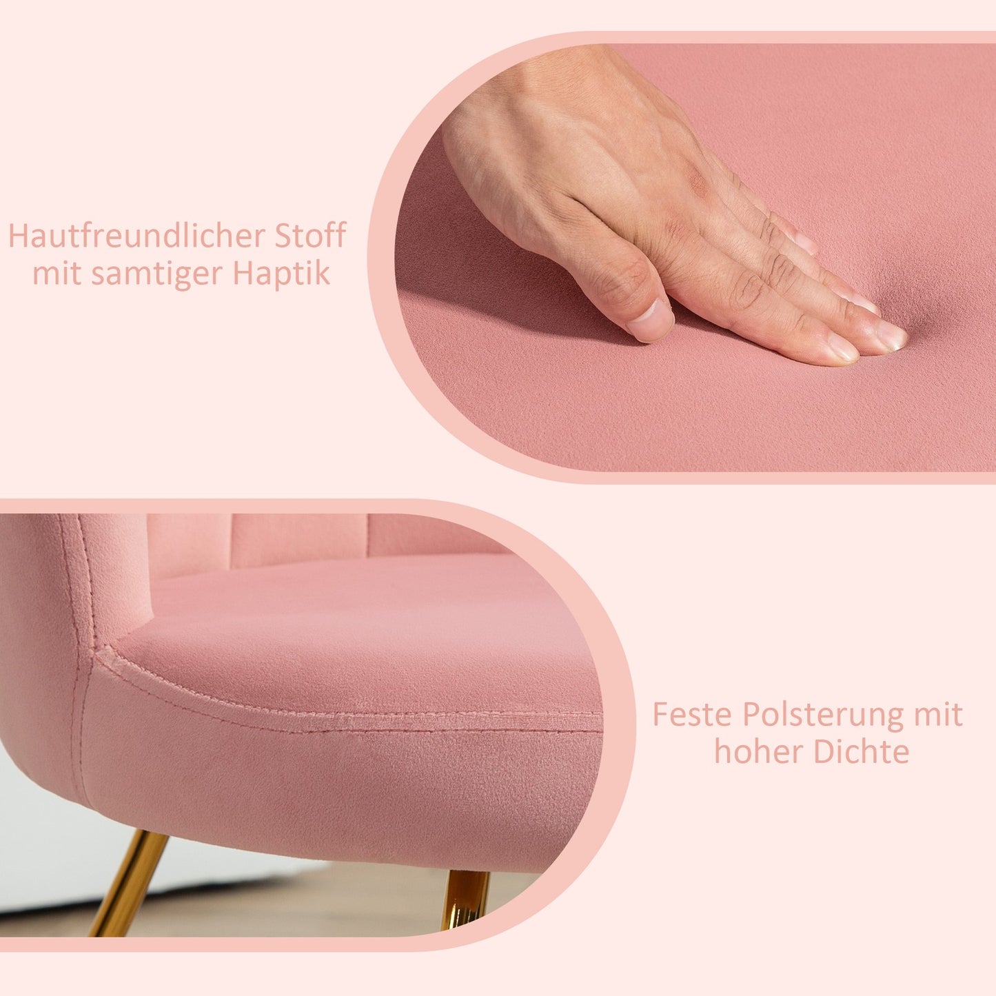 Pink Velvet Lounge Chair – Armrest, metal legs, upholstered