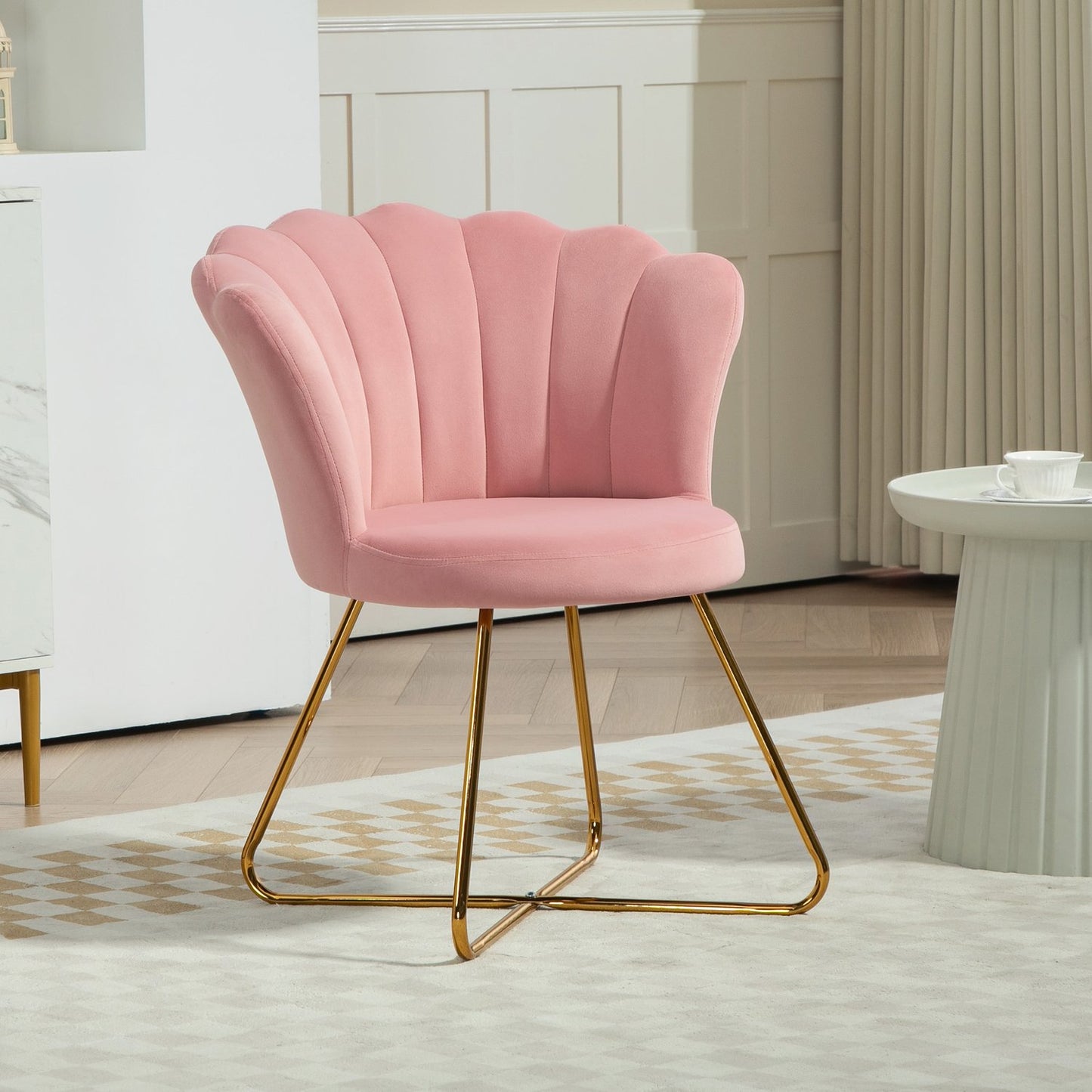 Pink Velvet Lounge Chair – Armrest, metal legs, upholstered
