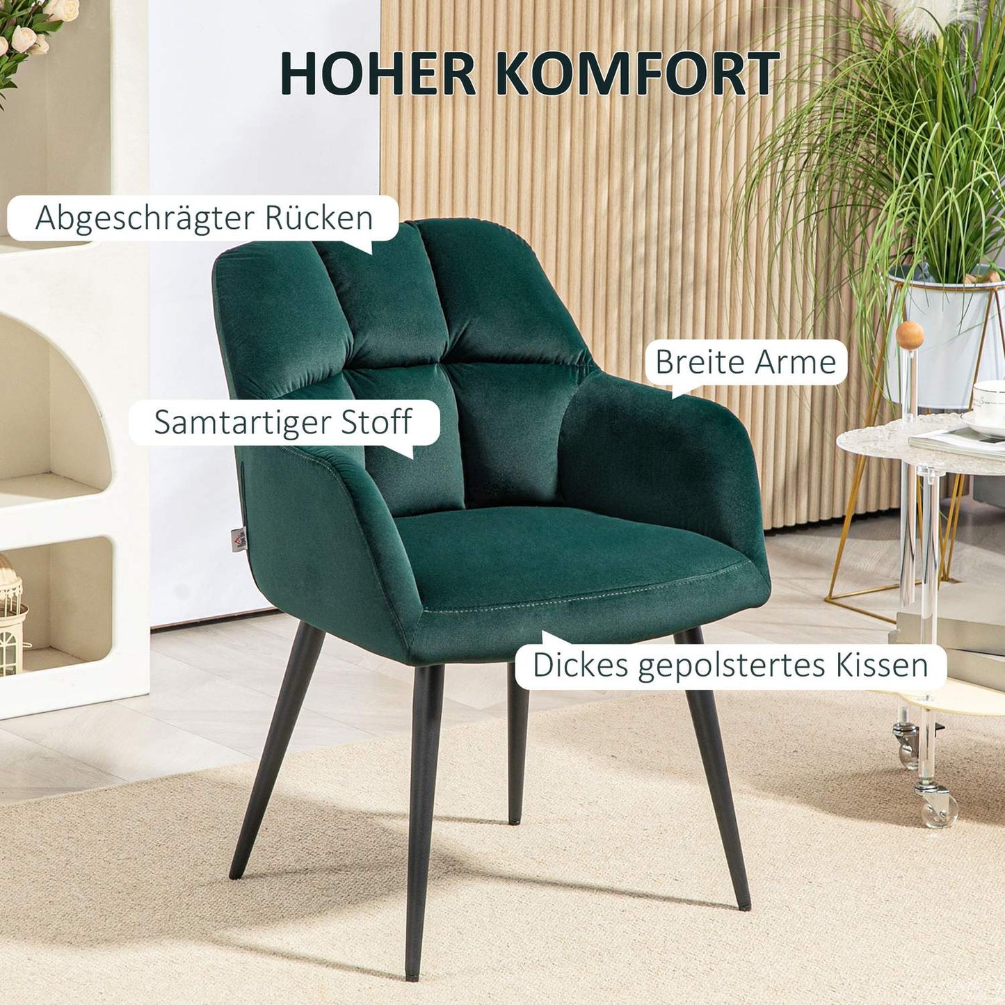Velvet Look Armchair, Dark Green, Padded with armrests