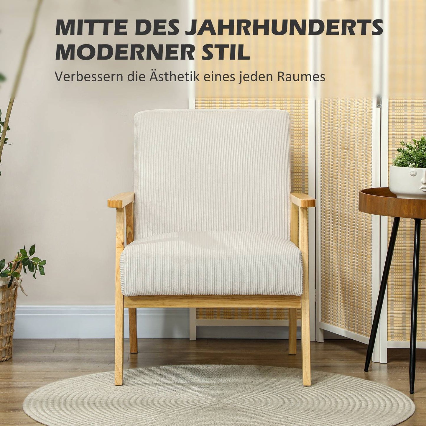Cream white armchair with armrests & wooden legs