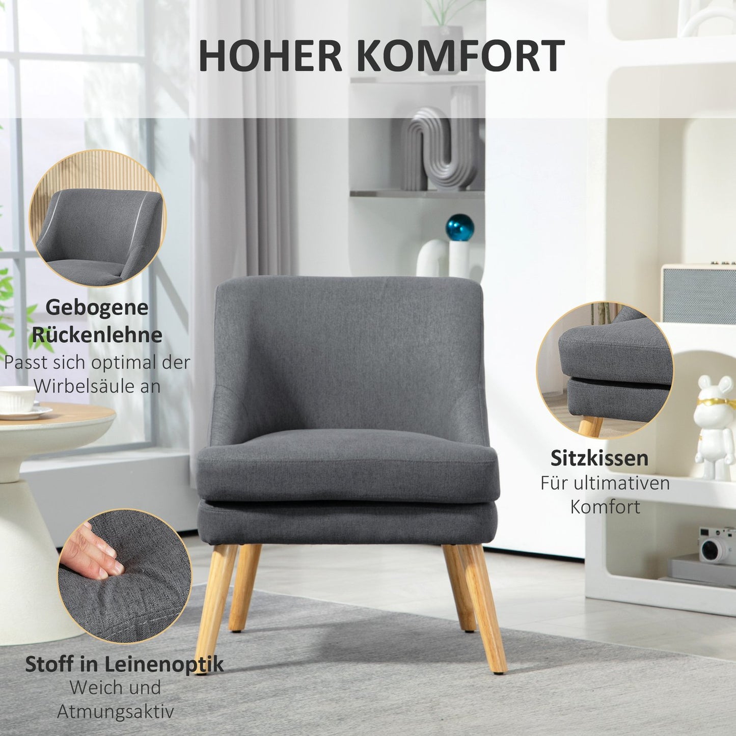 Armchair Lounge chair with padded linen look, dark grey