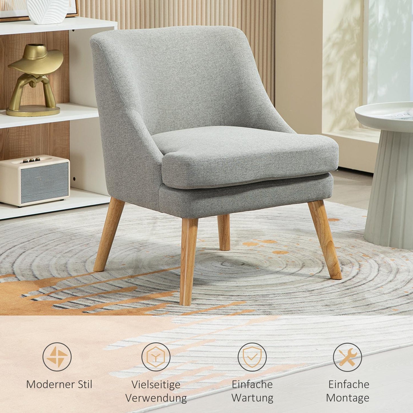 Light gray relaxation armchair in linen style with armrests