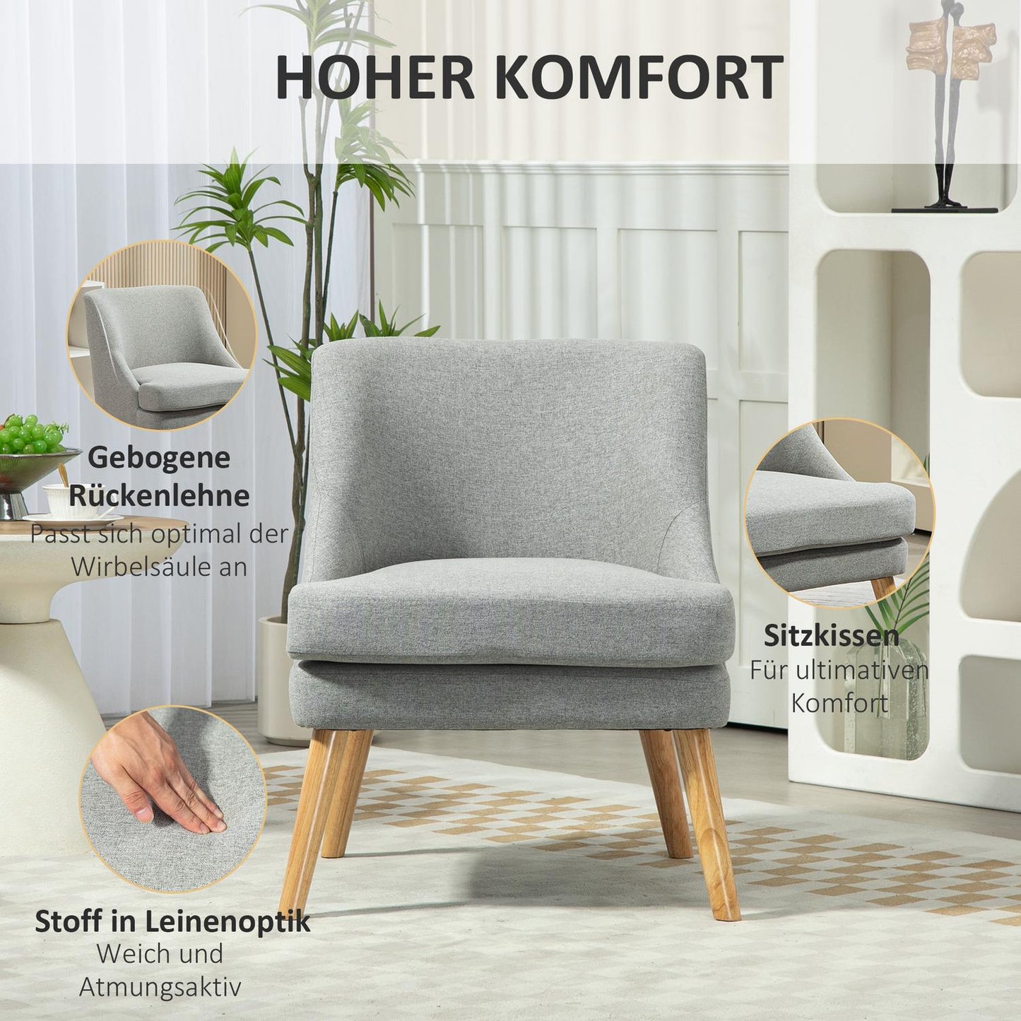 Light gray relaxation armchair in linen style with armrests