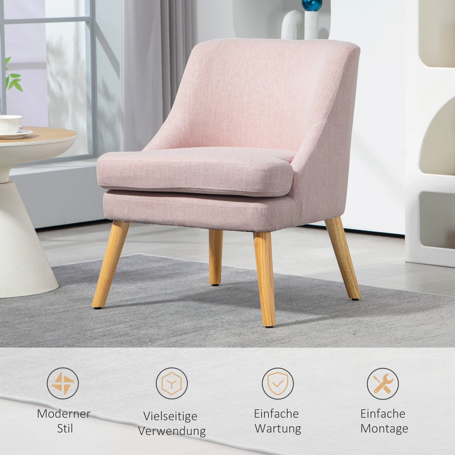 Pink lounge chair in linen look with armrests, wooden legs