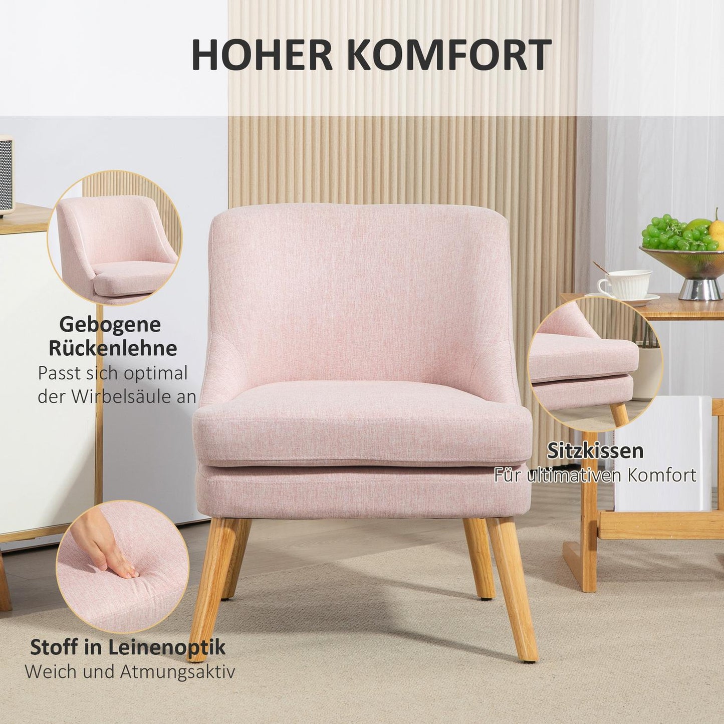 Pink lounge chair in linen look with armrests, wooden legs