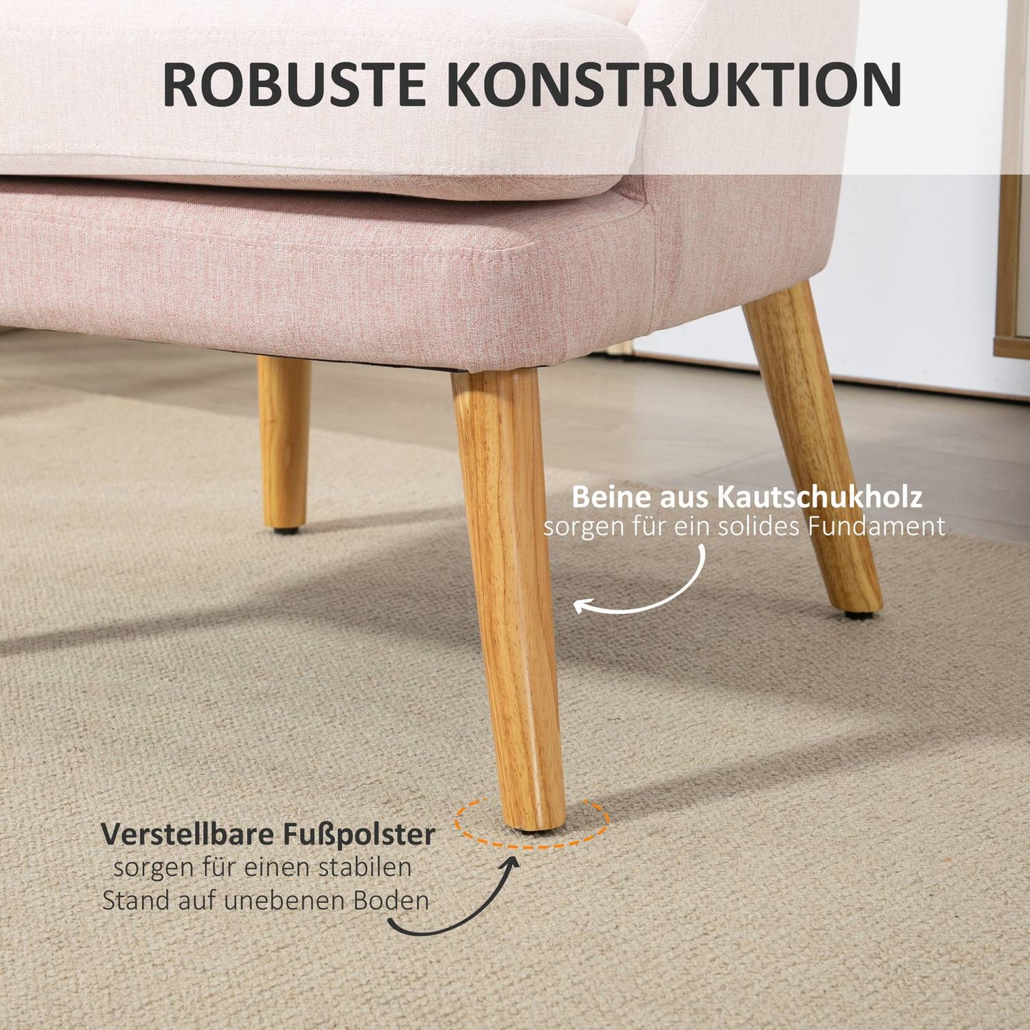 Pink lounge chair in linen look with armrests, wooden legs