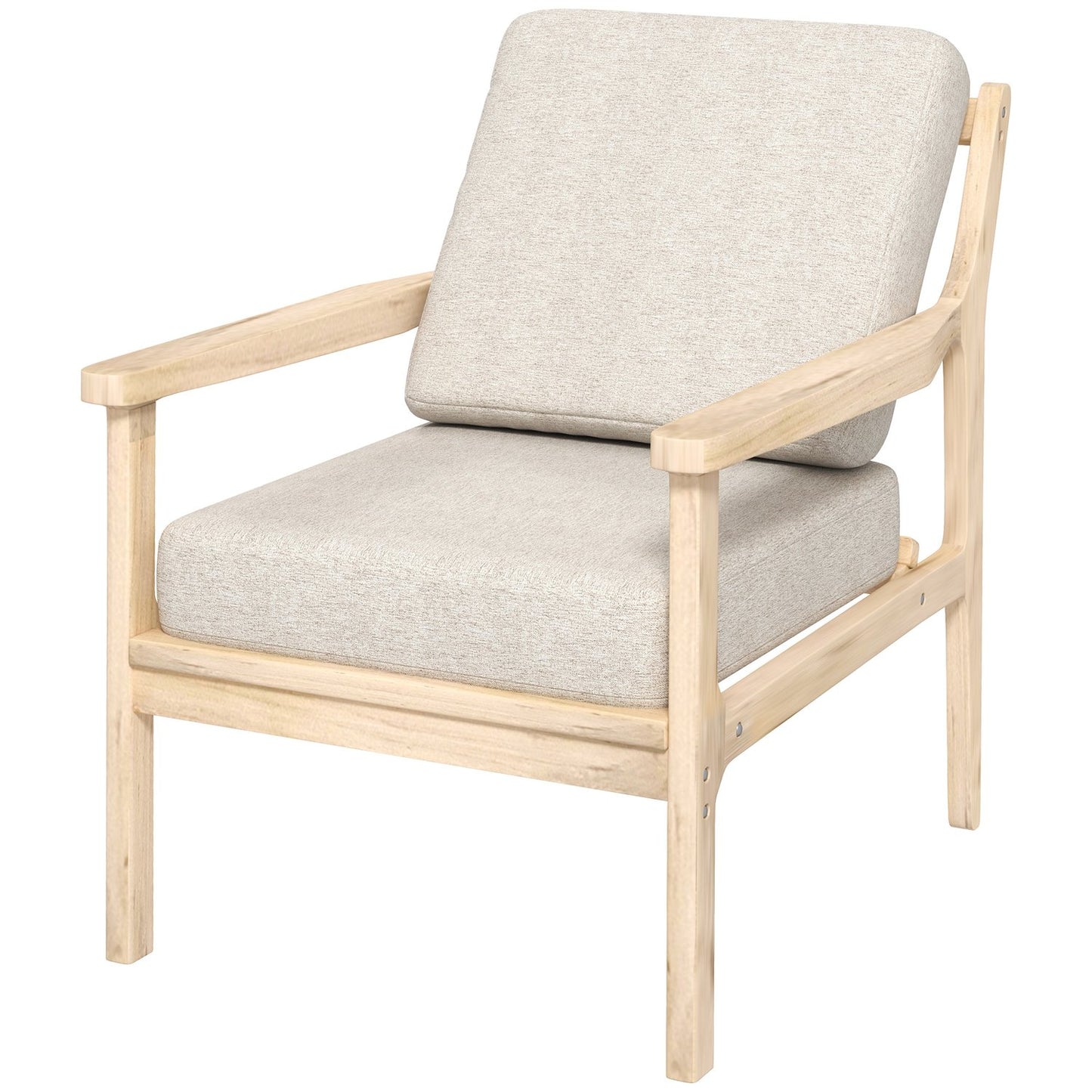 Beige armchair in linen look with wooden legs and removable cushions