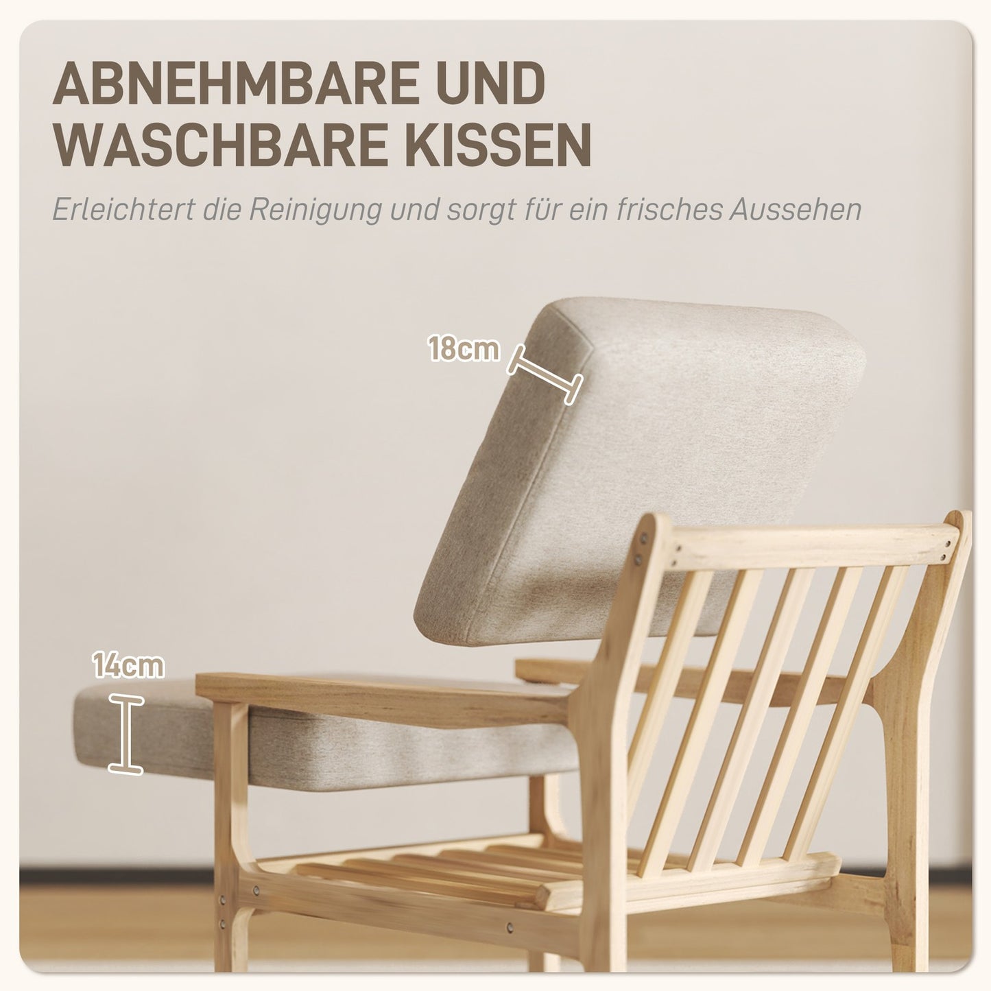 Beige armchair in linen look with wooden legs and removable cushions